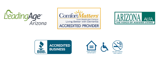 Decorative image with partner logos - LeadingAge, AZ ALFA, BBB, Comfort Matters