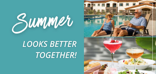 Photo of couple sitting at the pool & happy hour cocktails at Fellowship Square senior living in Surprise