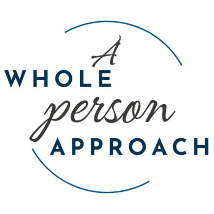 Decorative graphic with text "A whole person approach"