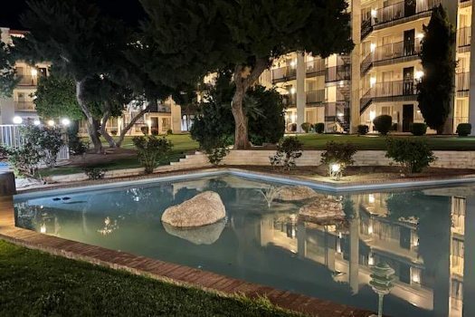 Photo of Fellowship Square Senior Living in Tucson fountain and courtyard at night