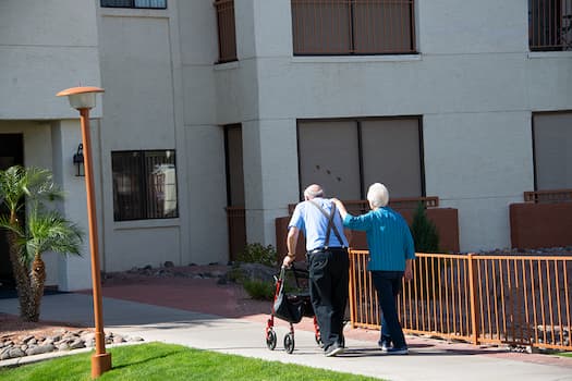 two people walking on path