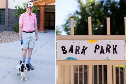 Photo of dog park sign & resident with his dog at Fellowship Square Senior Living in Surprise